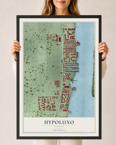 Hypoluxo, Florida map print, 24" x 36" W/ Black Ayous Wood Frame mockup