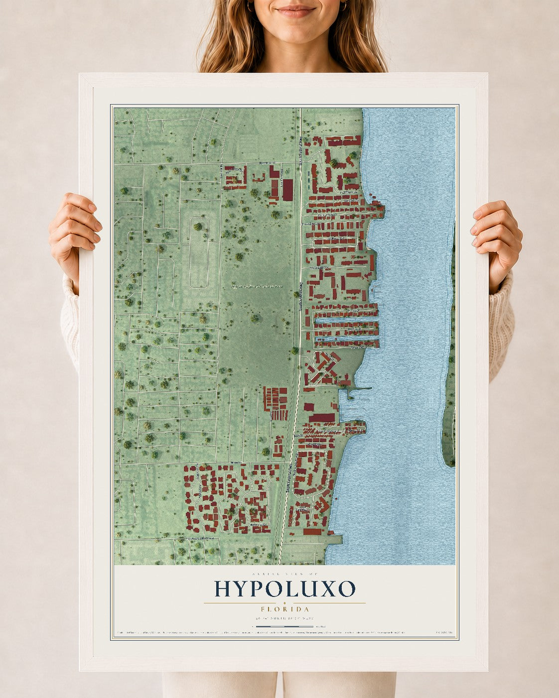 Hypoluxo, Florida map print, 24" x 36" W/ White Ayous Wood Frame mockup