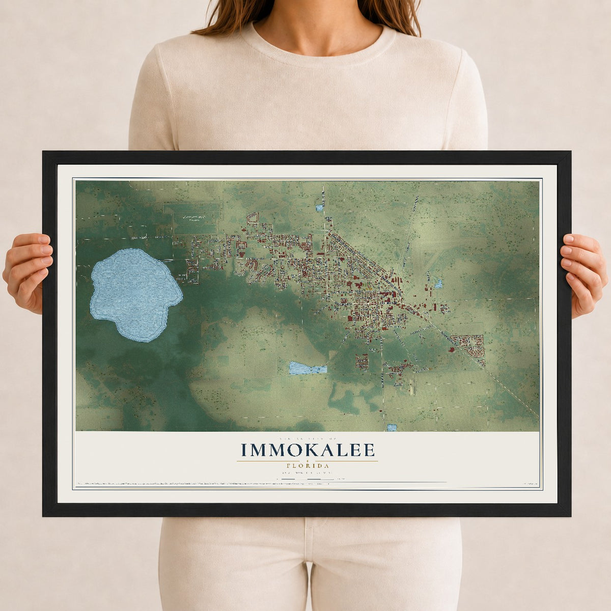 Immokalee, Florida map print, 12" x 18" W/ Black Ayous Wood Frame mockup