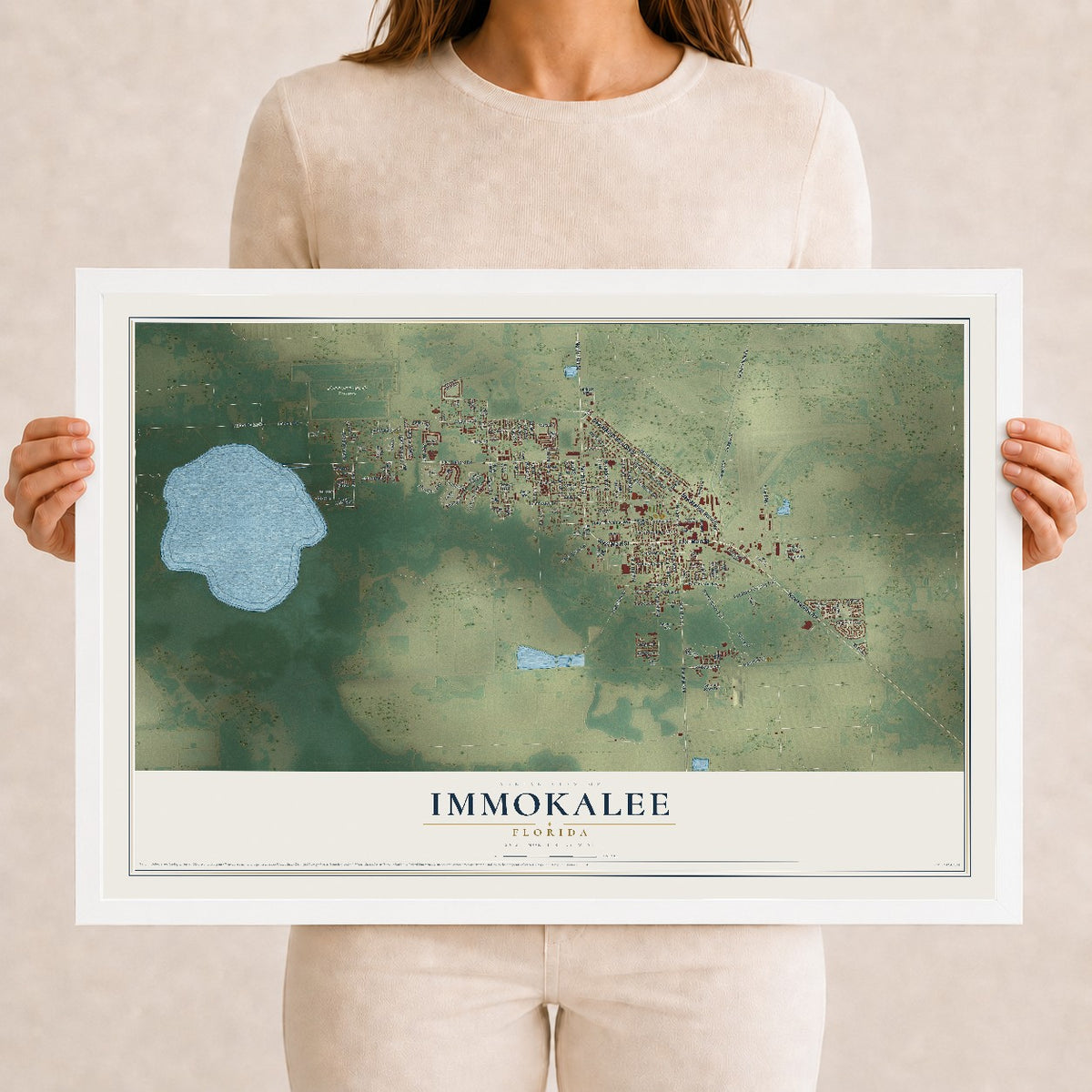 Immokalee, Florida map print, 12" x 18" W/ White Ayous Wood Frame mockup