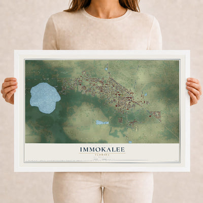 Immokalee, Florida map print, 12" x 18" W/ White Ayous Wood Frame mockup