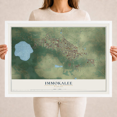 Immokalee, Florida map print, 18" x 24" W/ White Ayous Wood Frame mockup