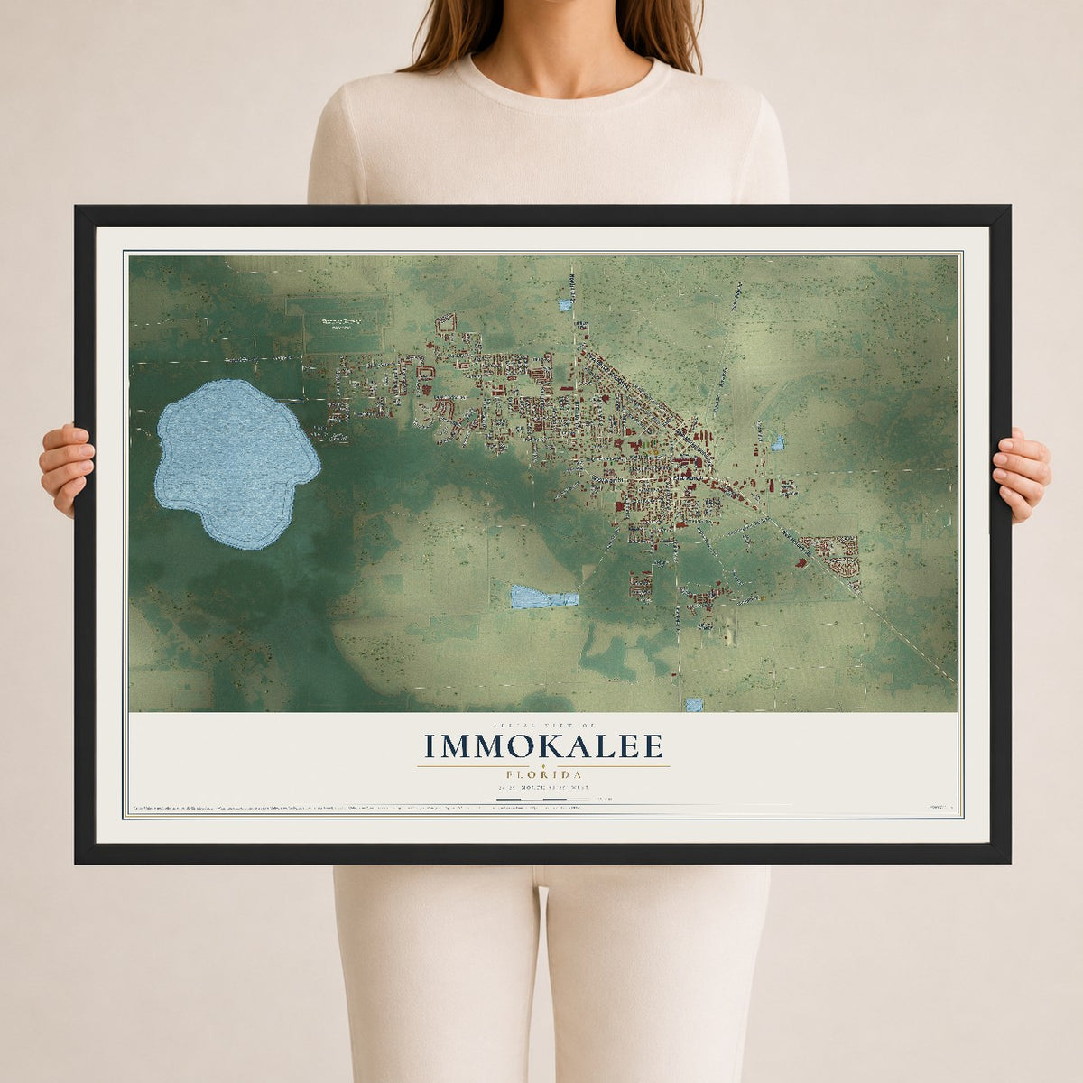 Immokalee, Florida map print, 24" x 36" W/ Black Ayous Wood Frame mockup