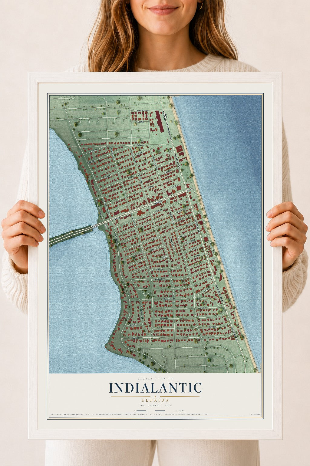 Indialantic, Florida map print, 18" x 24" W/ White Ayous Wood Frame mockup