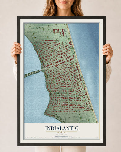 Indialantic, Florida map print, 24" x 36" W/ Black Ayous Wood Frame mockup