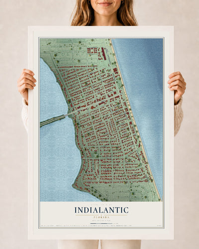 Indialantic, Florida map print, 24" x 36" W/ White Ayous Wood Frame mockup