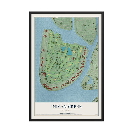 Map of Indian Creek, Florida, 12 x 18 inch print in a black wood frame