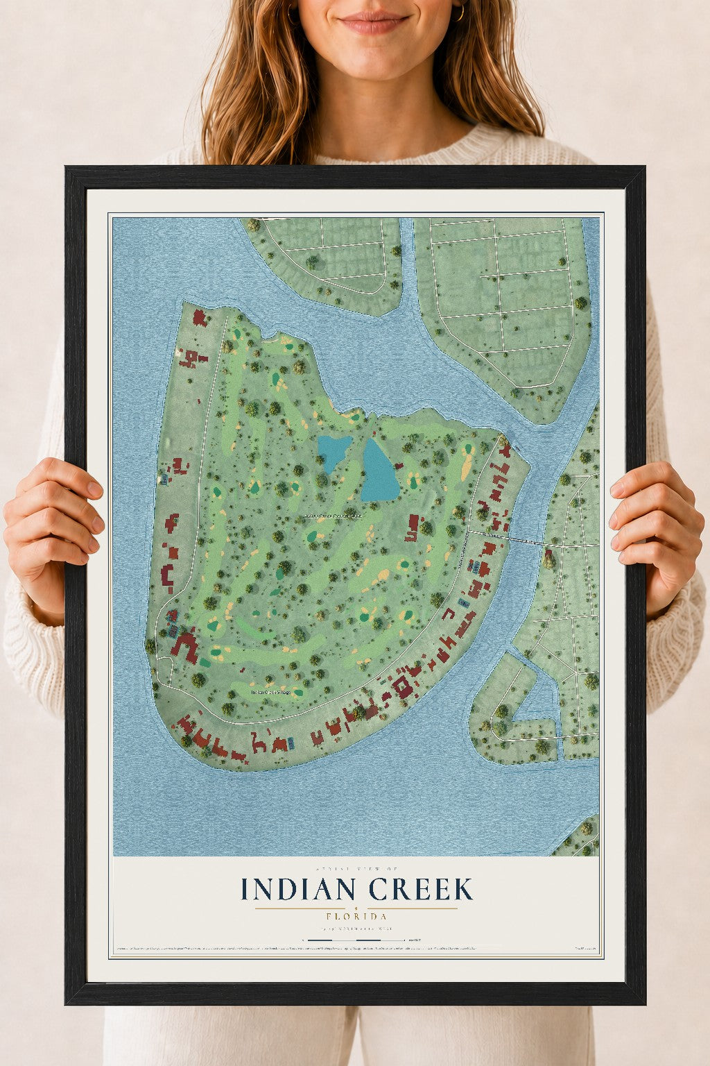 Indian Creek, Florida map print, 18" x 24" W/ Black Ayous Wood Frame mockup