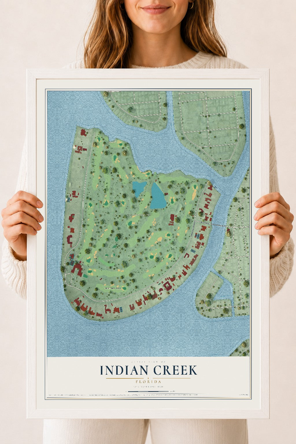 Indian Creek, Florida map print, 18" x 24" W/ White Ayous Wood Frame mockup