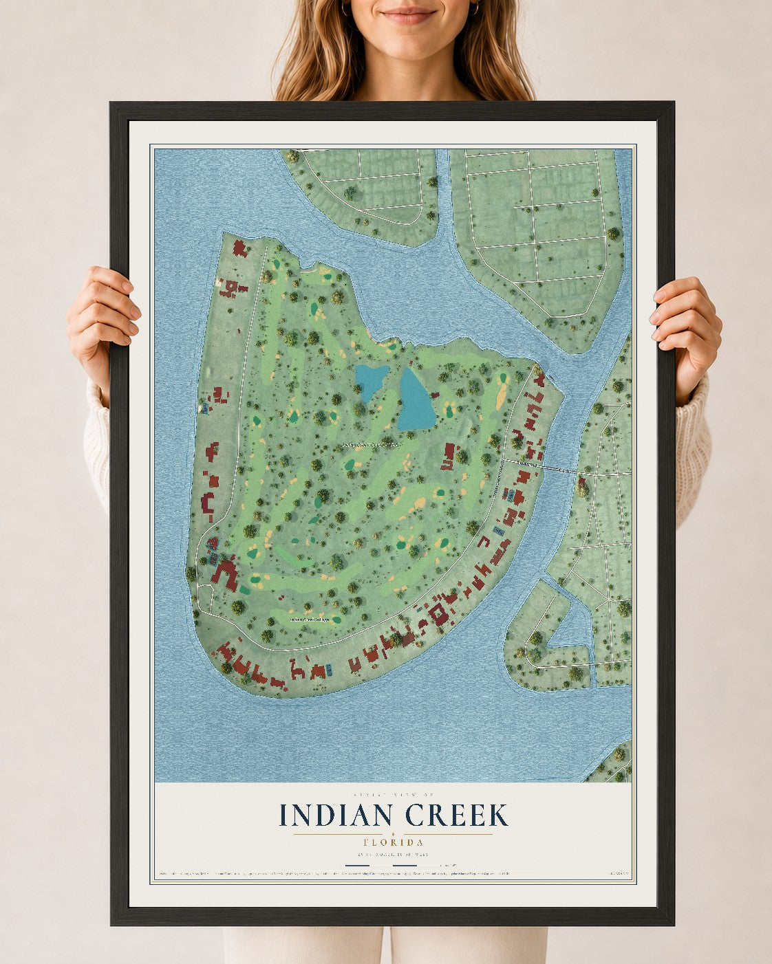 Indian Creek, Florida map print, 24" x 36" W/ Black Ayous Wood Frame mockup