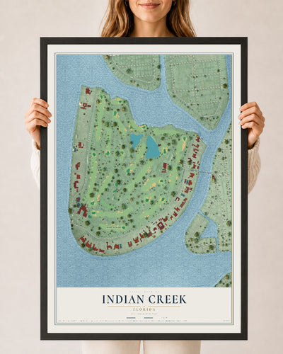 Indian Creek, Florida map print, 24" x 36" W/ Black Ayous Wood Frame mockup