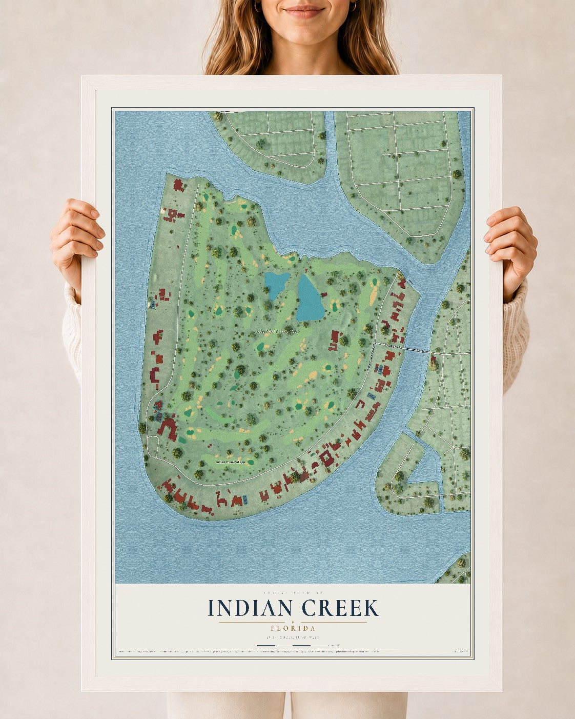 Indian Creek, Florida map print, 24" x 36" W/ White Ayous Wood Frame mockup