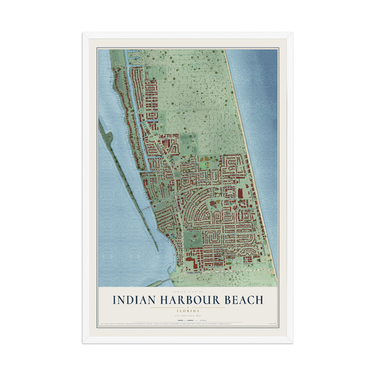 Indian Harbour Beach, Florida map print, 12" x 18" W/ White Ayous Wood Frame mockup