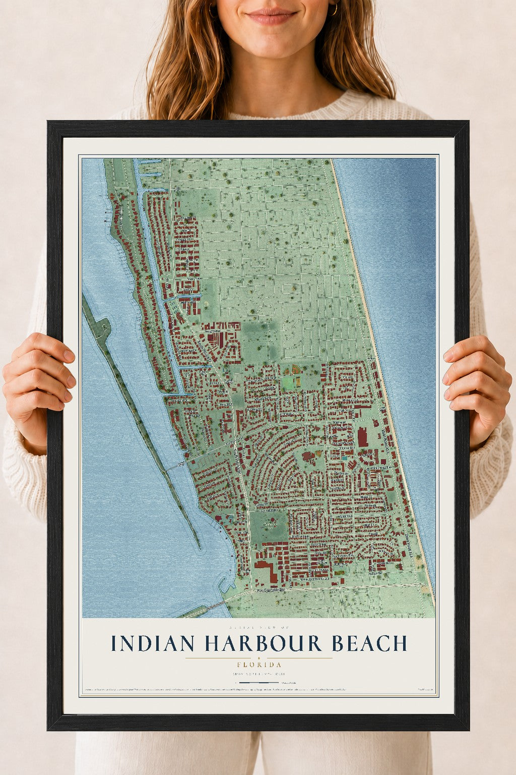 Indian Harbour Beach, Florida map print, 18" x 24" W/ Black Ayous Wood Frame mockup