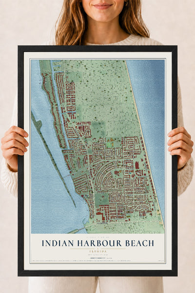 Indian Harbour Beach, Florida map print, 18" x 24" W/ Black Ayous Wood Frame mockup
