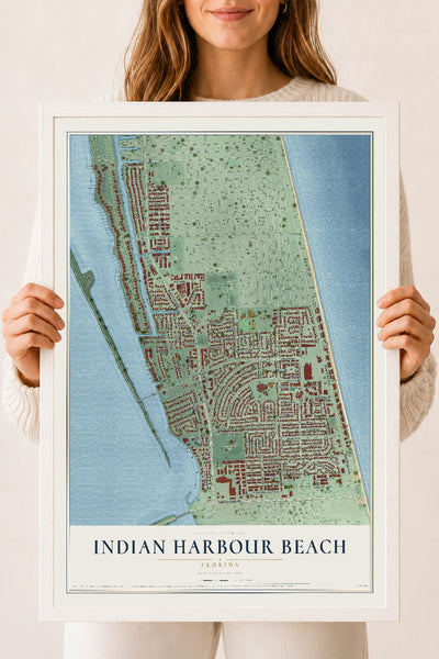 Indian Harbour Beach, Florida map print, 18" x 24" W/ White Ayous Wood Frame mockup