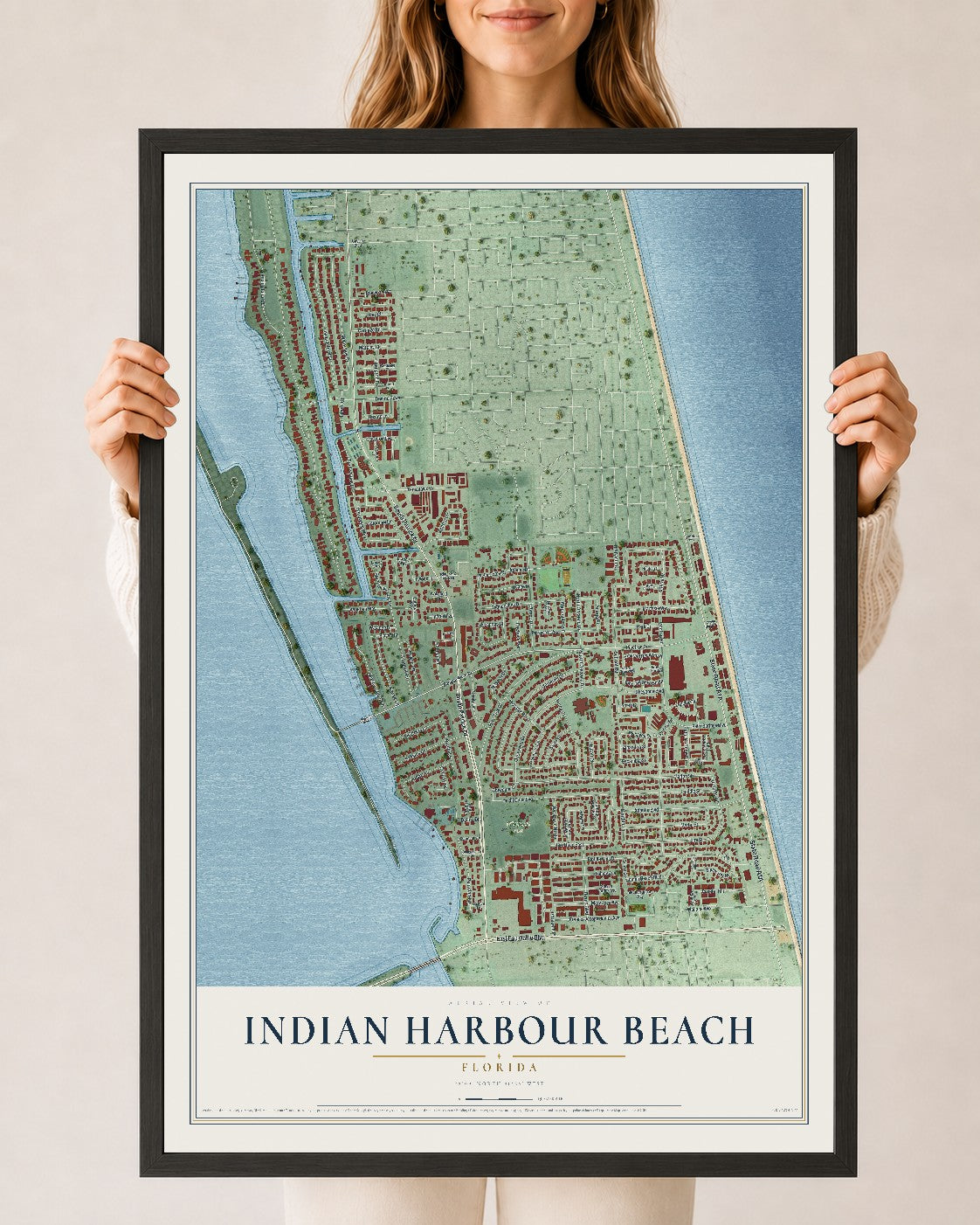 Indian Harbour Beach, Florida map print, 24" x 36" W/ Black Ayous Wood Frame mockup