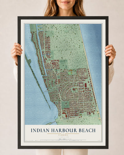 Indian Harbour Beach, Florida map print, 24" x 36" W/ Black Ayous Wood Frame mockup