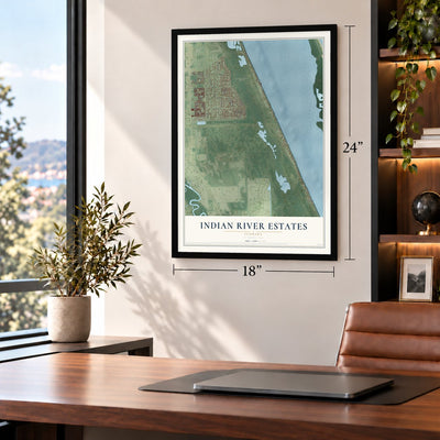 Indian River Estates, Florida map, 18 x 24 inch print in a black frame in a home office