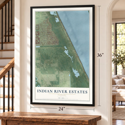 Indian River Estates, Florida map, 24 x 36 inch print in a black frame by a staircase