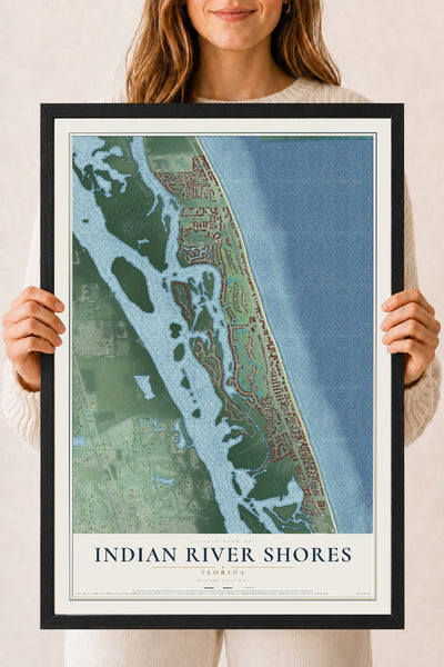Indian River Shores, Florida map print, 18" x 24" W/ Black Ayous Wood Frame mockup