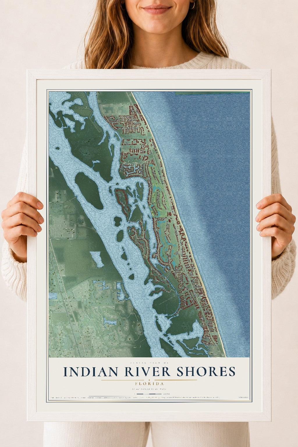 Indian River Shores, Florida map print, 18" x 24" W/ White Ayous Wood Frame mockup