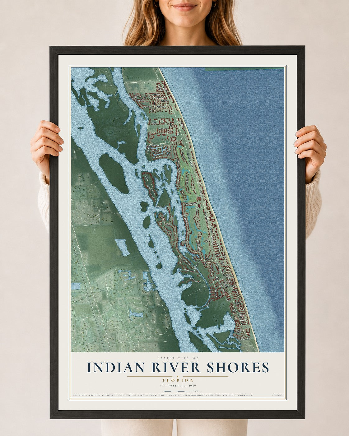 Indian River Shores, Florida map print, 24" x 36" W/ Black Ayous Wood Frame mockup