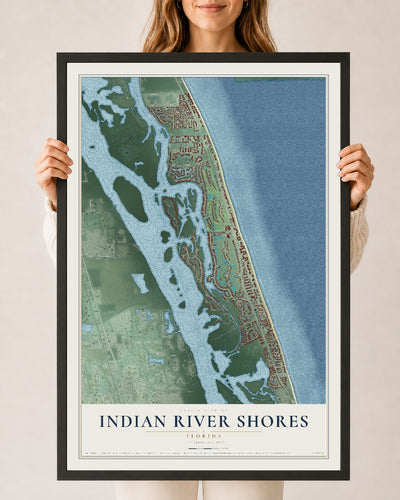 Indian River Shores, Florida map print, 24" x 36" W/ Black Ayous Wood Frame mockup