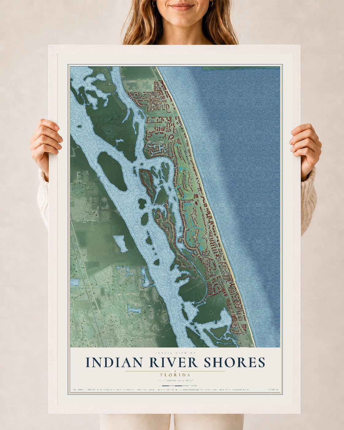 Indian River Shores, Florida map print, 24" x 36" W/ White Ayous Wood Frame mockup