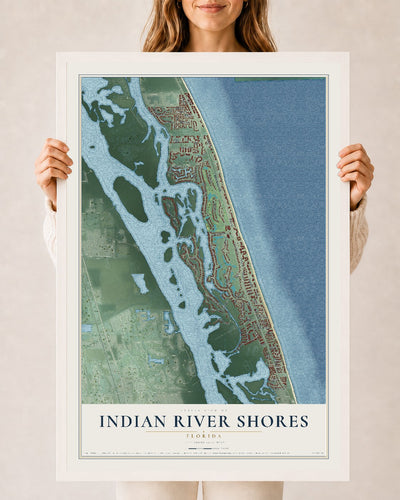 Indian River Shores, Florida map print, 24" x 36" W/ White Ayous Wood Frame mockup