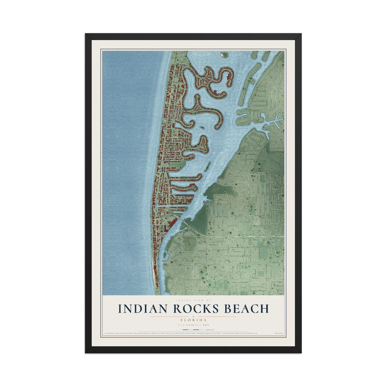 Indian Rocks Beach, Florida map print, 12" x 18" W/ Black Ayous Wood Frame mockup