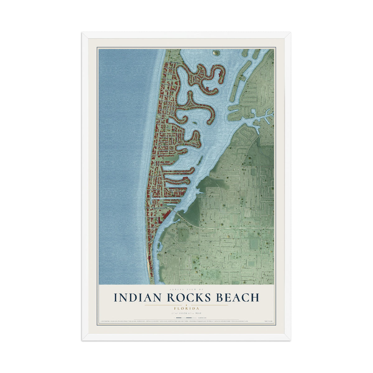 Indian Rocks Beach, Florida map print, 12" x 18" W/ White Ayous Wood Frame mockup