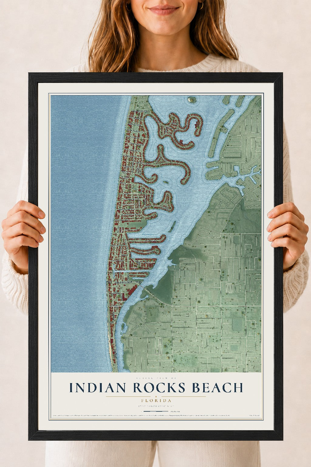 Indian Rocks Beach, Florida map print, 18" x 24" W/ Black Ayous Wood Frame mockup