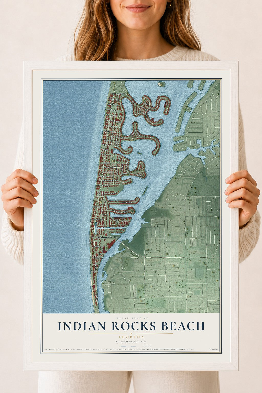 Indian Rocks Beach, Florida map print, 18" x 24" W/ White Ayous Wood Frame mockup