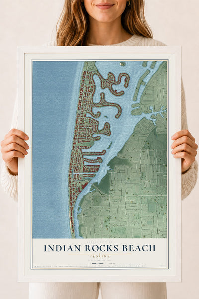Indian Rocks Beach, Florida map print, 18" x 24" W/ White Ayous Wood Frame mockup