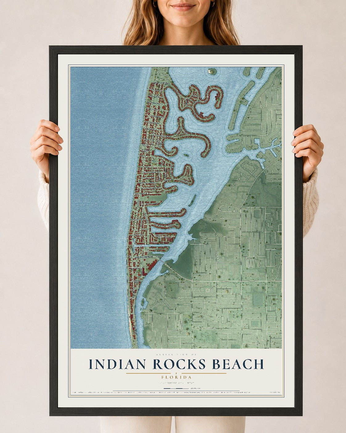 Indian Rocks Beach, Florida map print, 24" x 36" W/ Black Ayous Wood Frame mockup