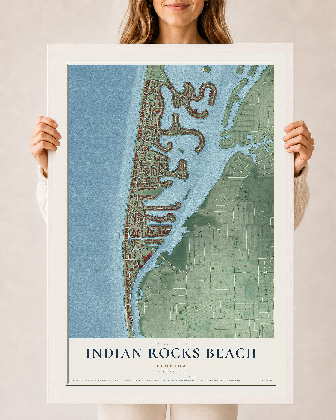 Indian Rocks Beach, Florida map print, 24" x 36" W/ White Ayous Wood Frame mockup