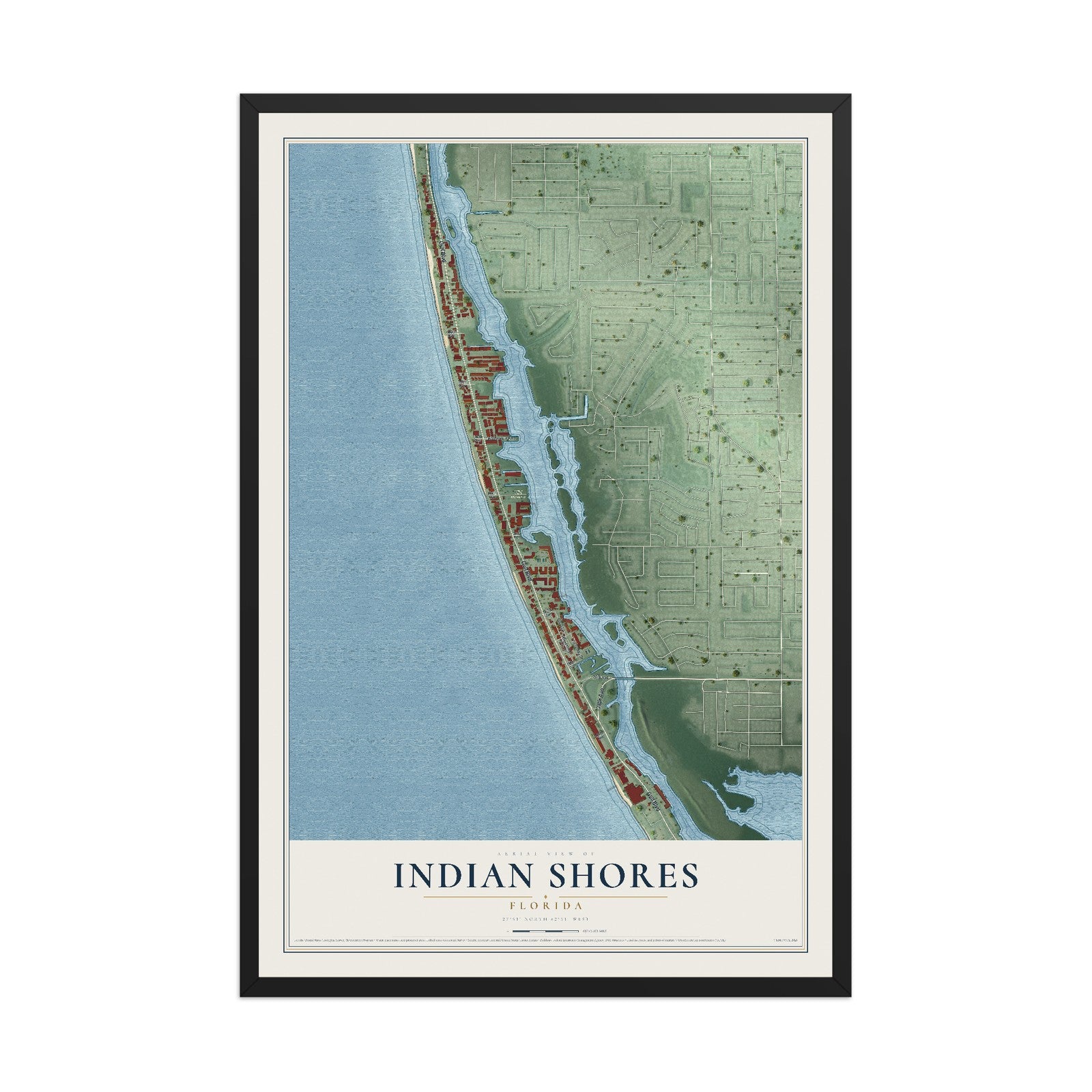 Indian Shores, Florida map print, 12" x 18" W/ Black Ayous Wood Frame mockup