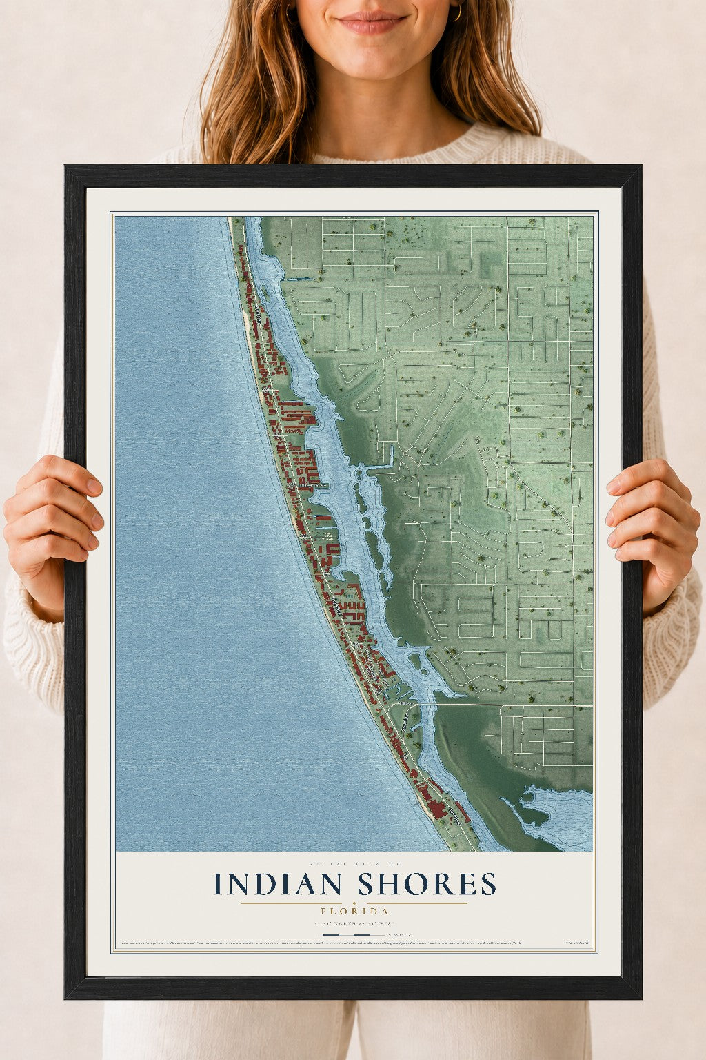 Indian Shores, Florida map print, 18" x 24" W/ Black Ayous Wood Frame mockup