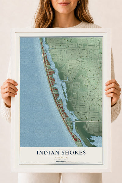 Indian Shores, Florida map print, 18" x 24" W/ White Ayous Wood Frame mockup