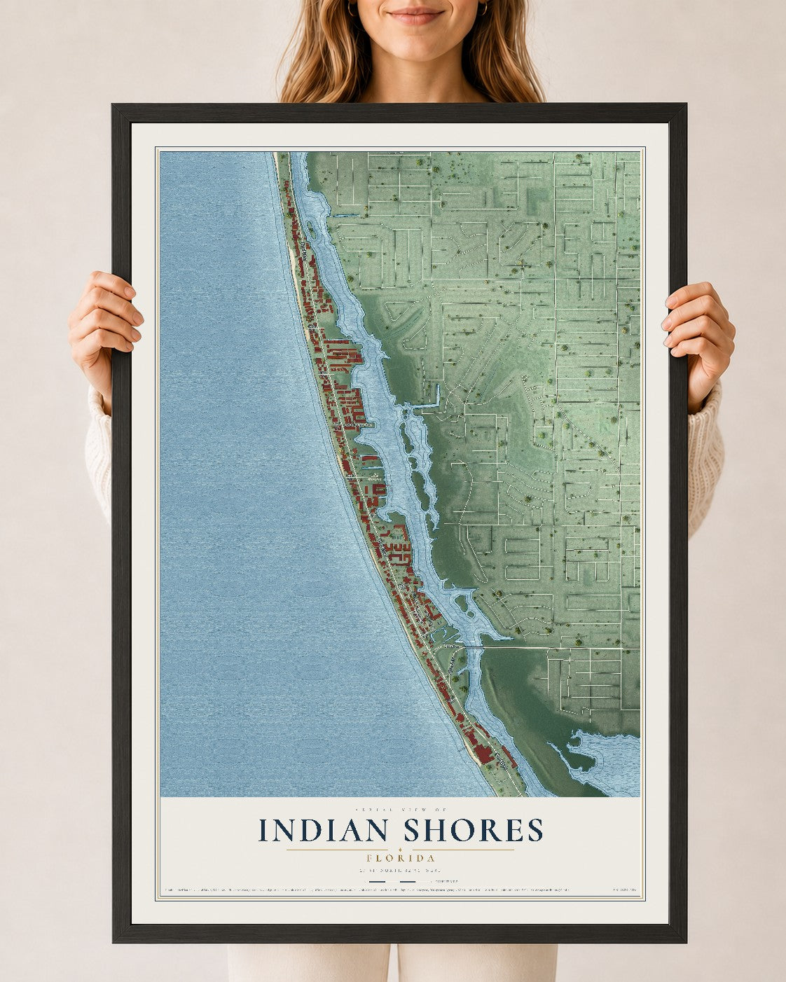 Indian Shores, Florida map print, 24" x 36" W/ Black Ayous Wood Frame mockup