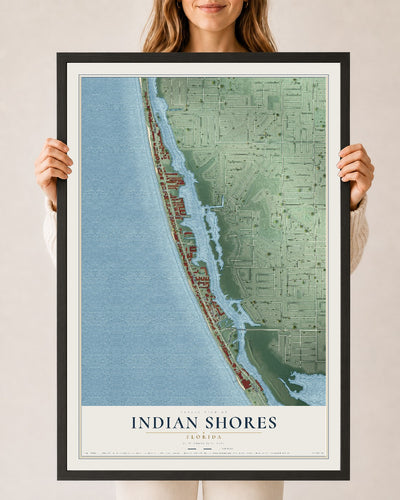 Indian Shores, Florida map print, 24" x 36" W/ Black Ayous Wood Frame mockup