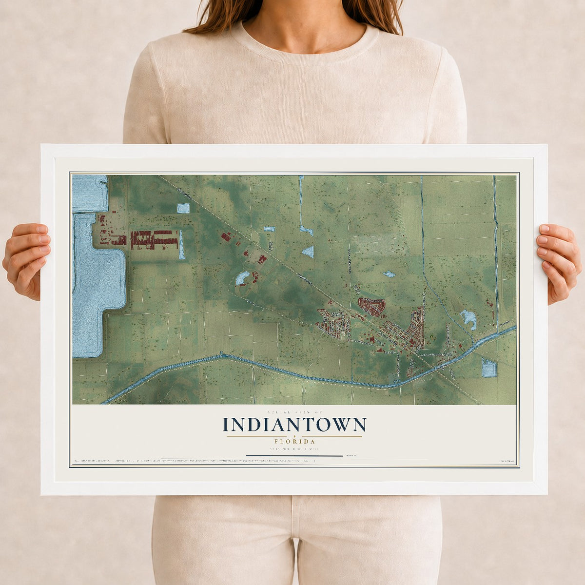 Indiantown, Florida map print, 12" x 18" W/ White Ayous Wood Frame mockup