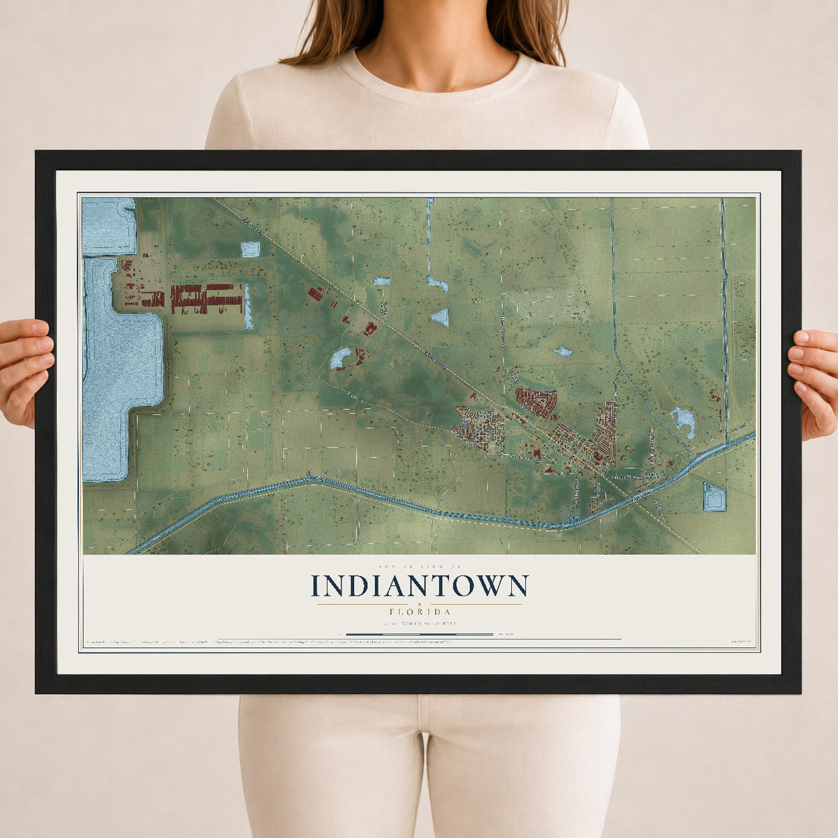 Indiantown, Florida map print, 18" x 24" W/ Black Ayous Wood Frame mockup