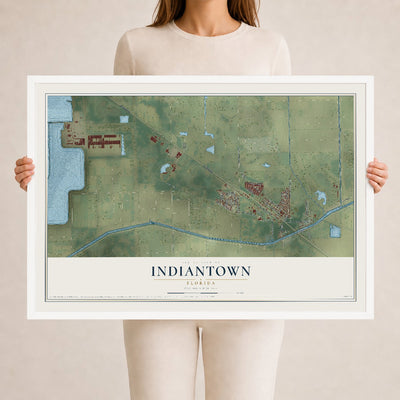 Indiantown, Florida map print, 24" x 36" W/ White Ayous Wood Frame mockup