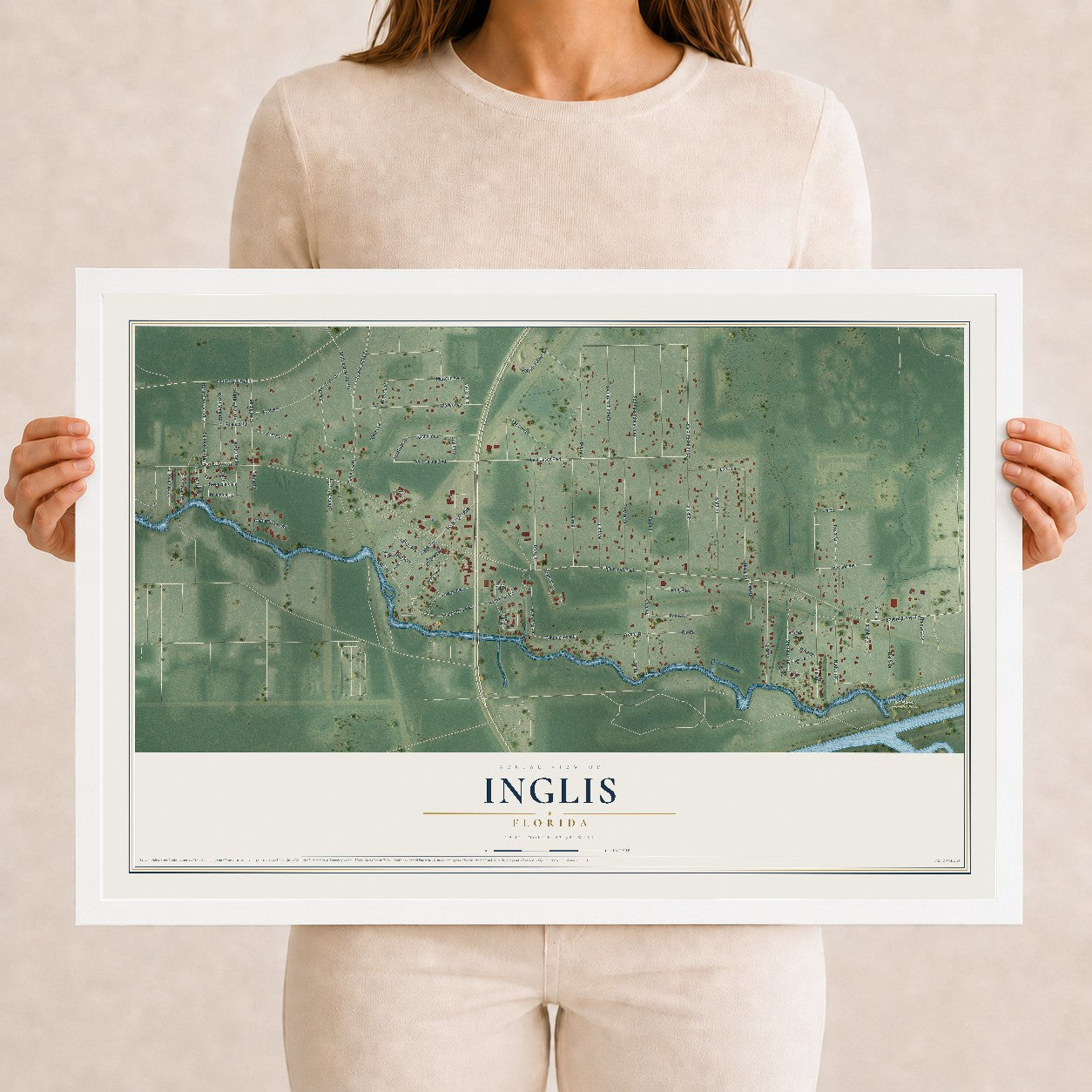 Inglis, Florida map print, 12" x 18" W/ White Ayous Wood Frame mockup