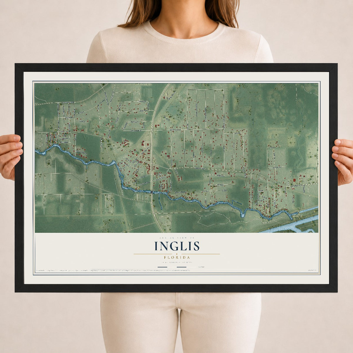 Inglis, Florida map print, 18" x 24" W/ Black Ayous Wood Frame mockup