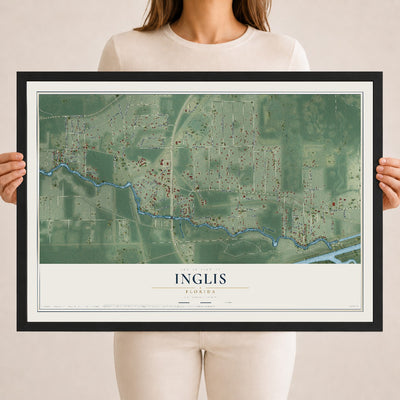 Inglis, Florida map print, 18" x 24" W/ Black Ayous Wood Frame mockup