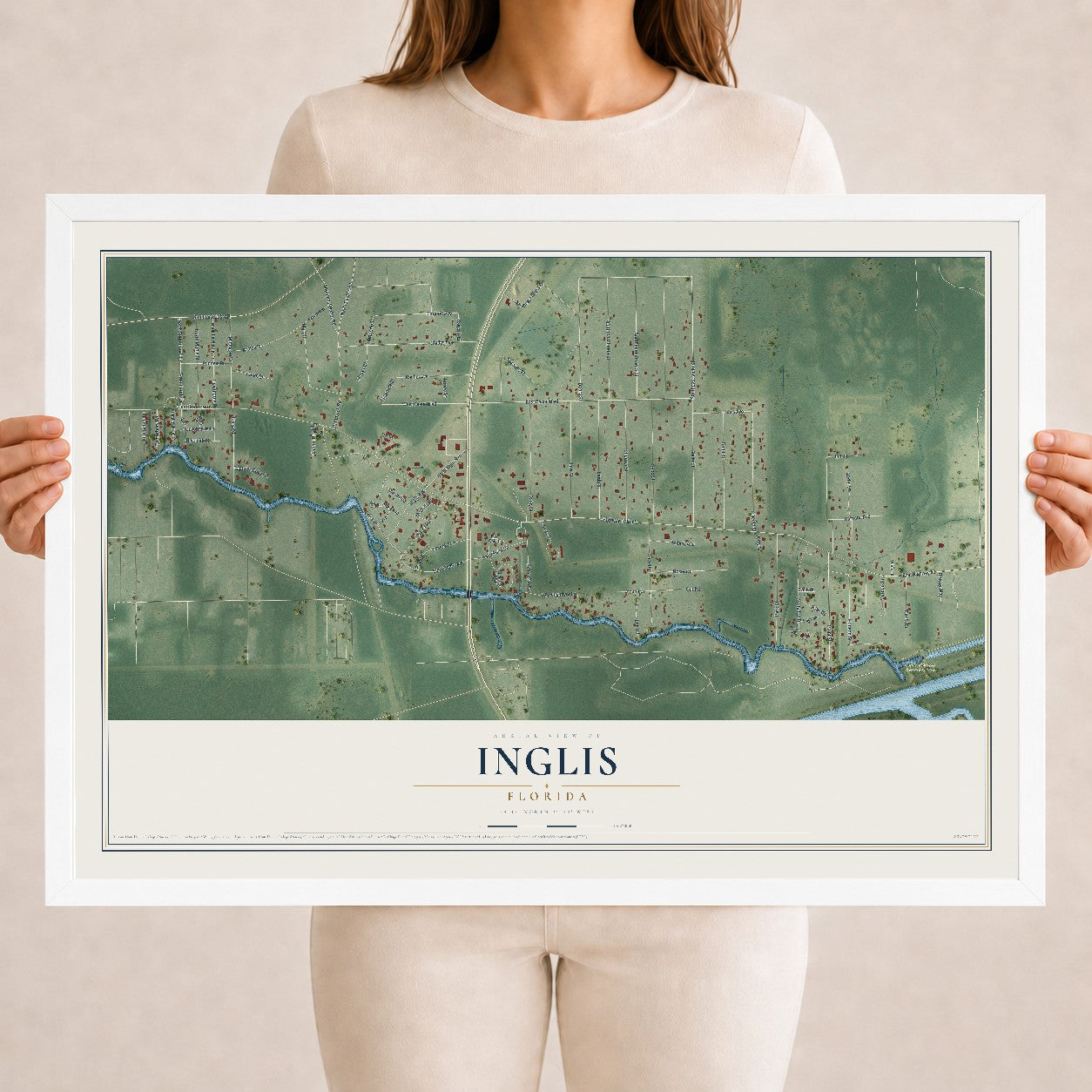 Inglis, Florida map print, 18" x 24" W/ White Ayous Wood Frame mockup