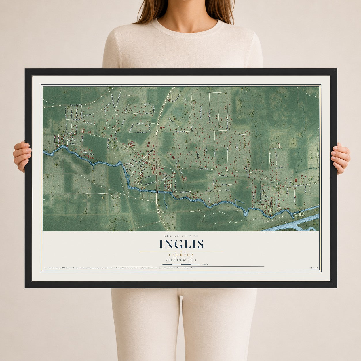 Inglis, Florida map print, 24" x 36" W/ Black Ayous Wood Frame mockup
